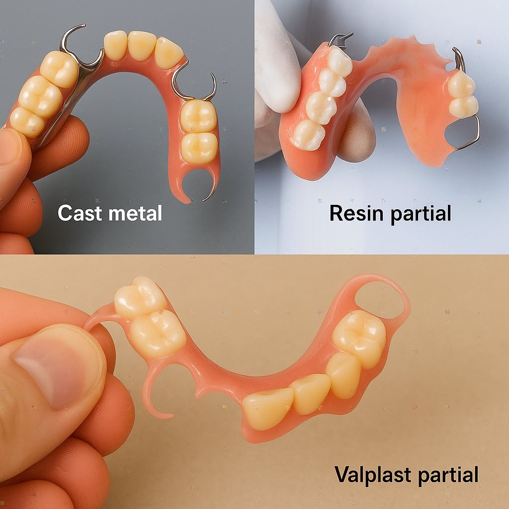 Cast metal, resin, and Valplast flexible partial dentures